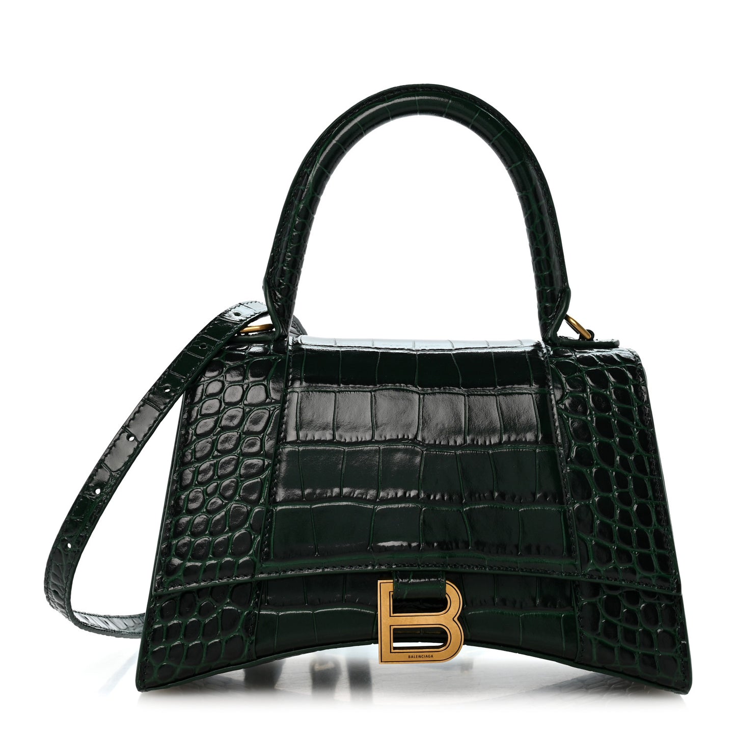 Shiny Calfskin Crocodile Embossed Small Hourglass Top Handle Bag Forest Green
