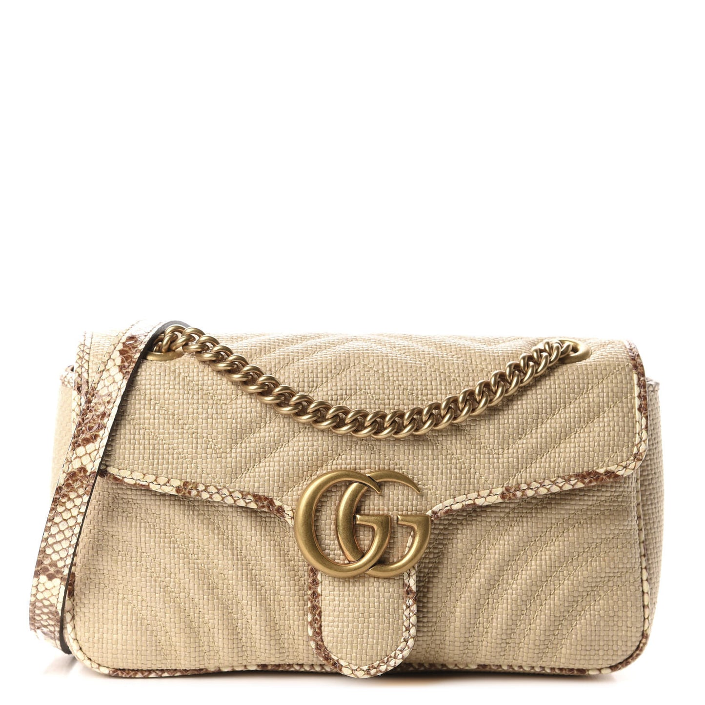 Raffia Elaphe Matelasse Small GG Marmont Shoulder Bag Natural Cream Brown