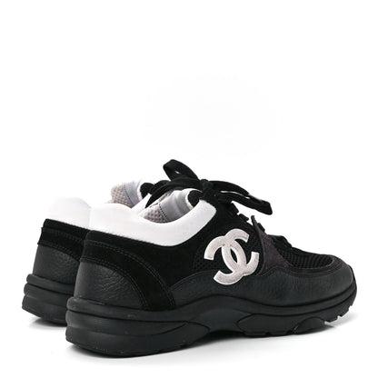 Chanel Mesh Suede Calfskin Grained Calfskin Womens CC Sneakers 38.5 White Black 4 of 9