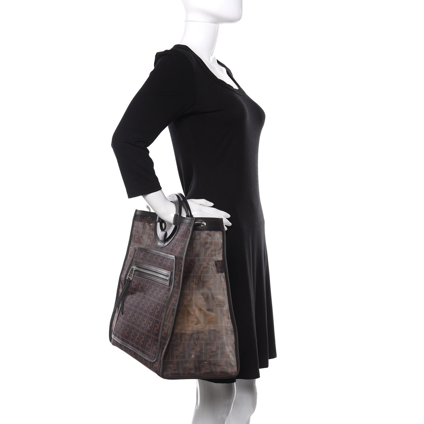 Mesh Vitello Century Cuoio FF 1974 Medium Runaway Shopper Tote Marrone Black Ebano