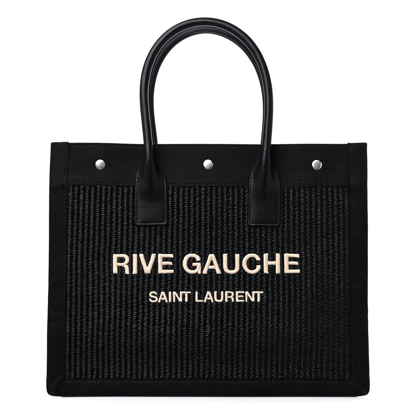 Raffia Linen Calfskin Small Rive Gauche Tote Black