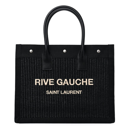 Saint Laurent Raffia Linen Calfskin Small Rive Gauche Tote Black 1 of 9