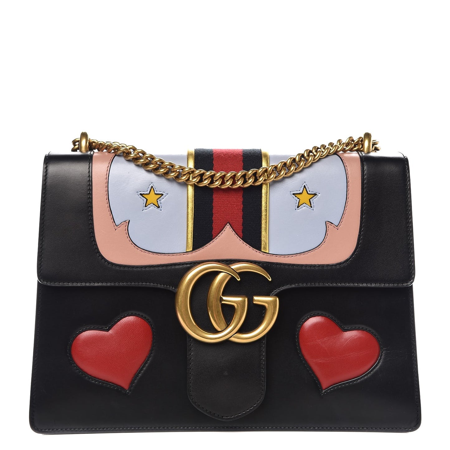 Calfskin Web Heart Medium GG Marmont Chain Handle Bag Black