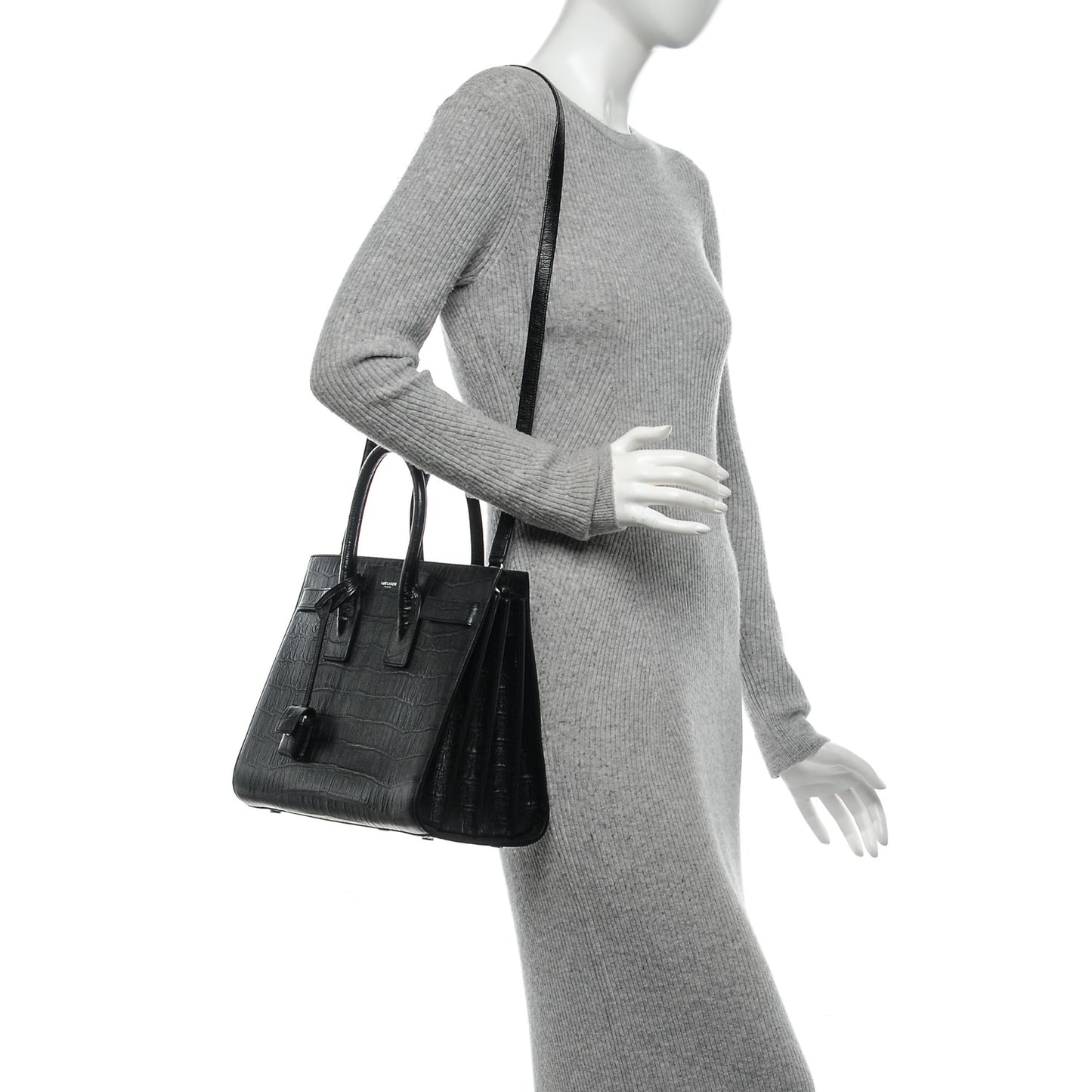 Calfskin Crocodile Embossed Small Sac de Jour Black