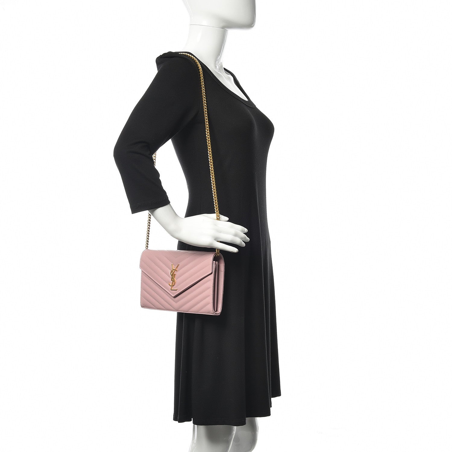 Saint Laurent Grain De Poudre Matelasse Chevron Monogram Chain Wallet Pale Pink 2 of 11
