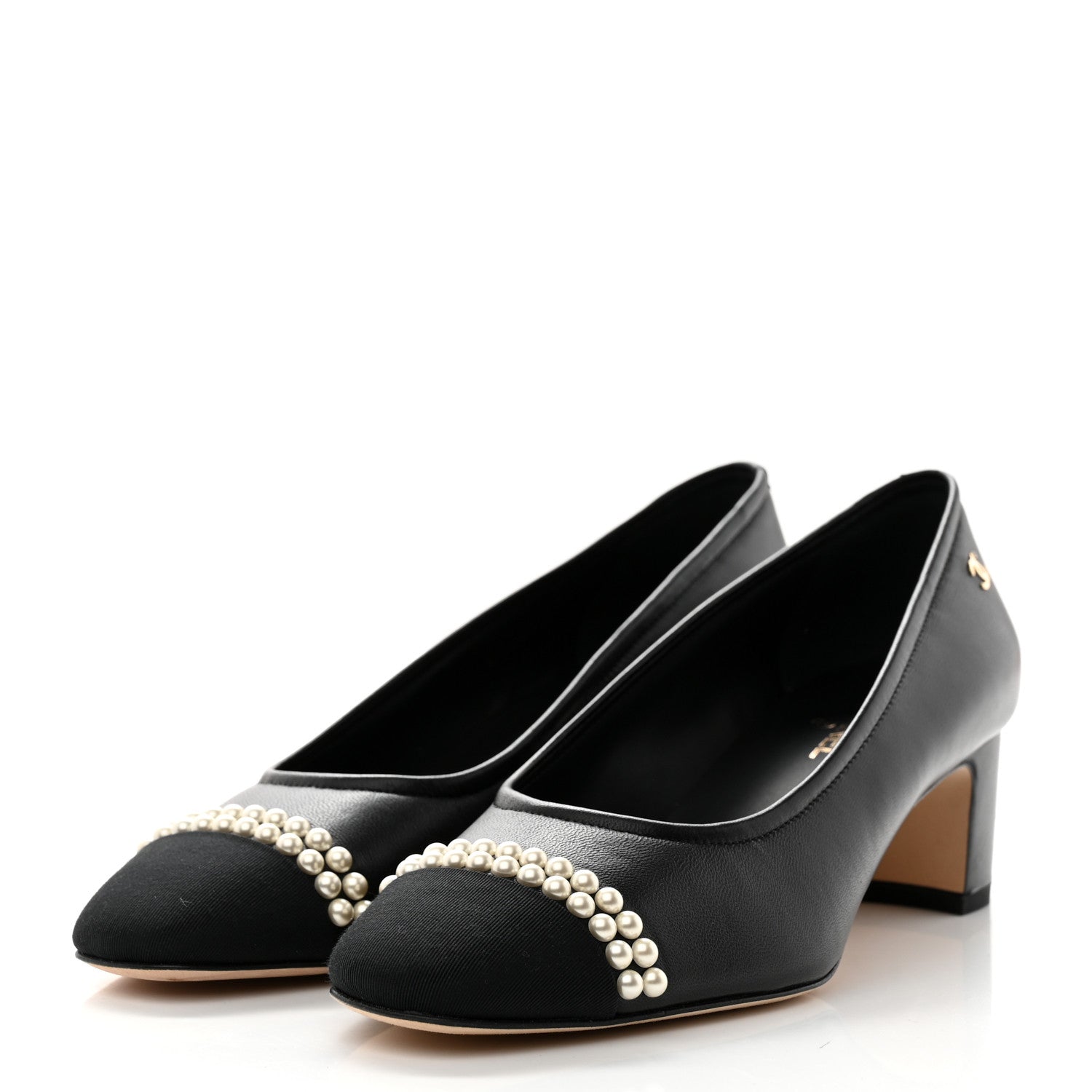 Chanel Lambskin Grosgrain Pearl Cap Toe CC Pumps 37 Black 3 of 9