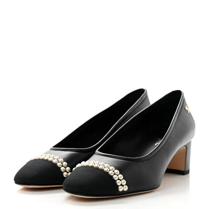 Chanel Lambskin Grosgrain Pearl Cap Toe CC Pumps 37 Black 3 of 9