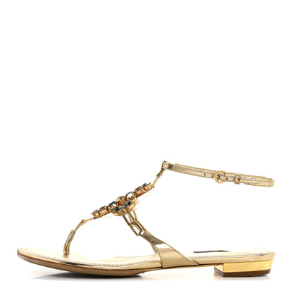 Louis Vuitton Metallic Calfskin Crystal Flower Thong Flat Sandals 37.5 Gold 1 of 14