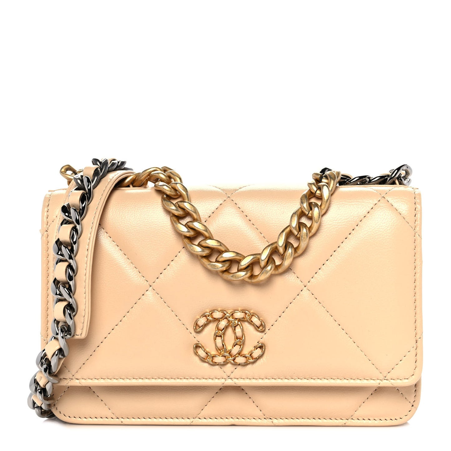 Goatskin Quilted Chanel 19 Wallet On Chain WOC Beige