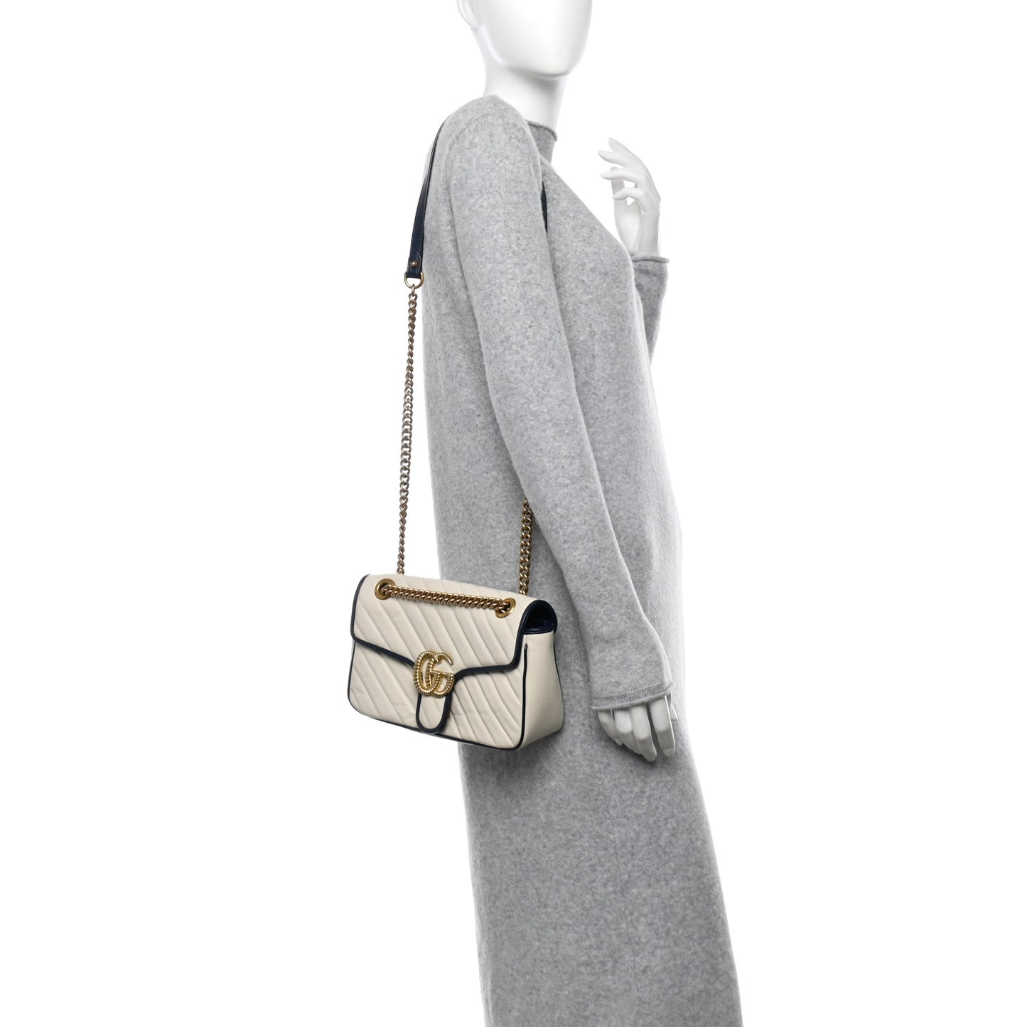 Vintage Effect Calfskin Matelasse Diagonal Small Torchon GG Marmont Shoulder Bag Mystic White Blue Agata