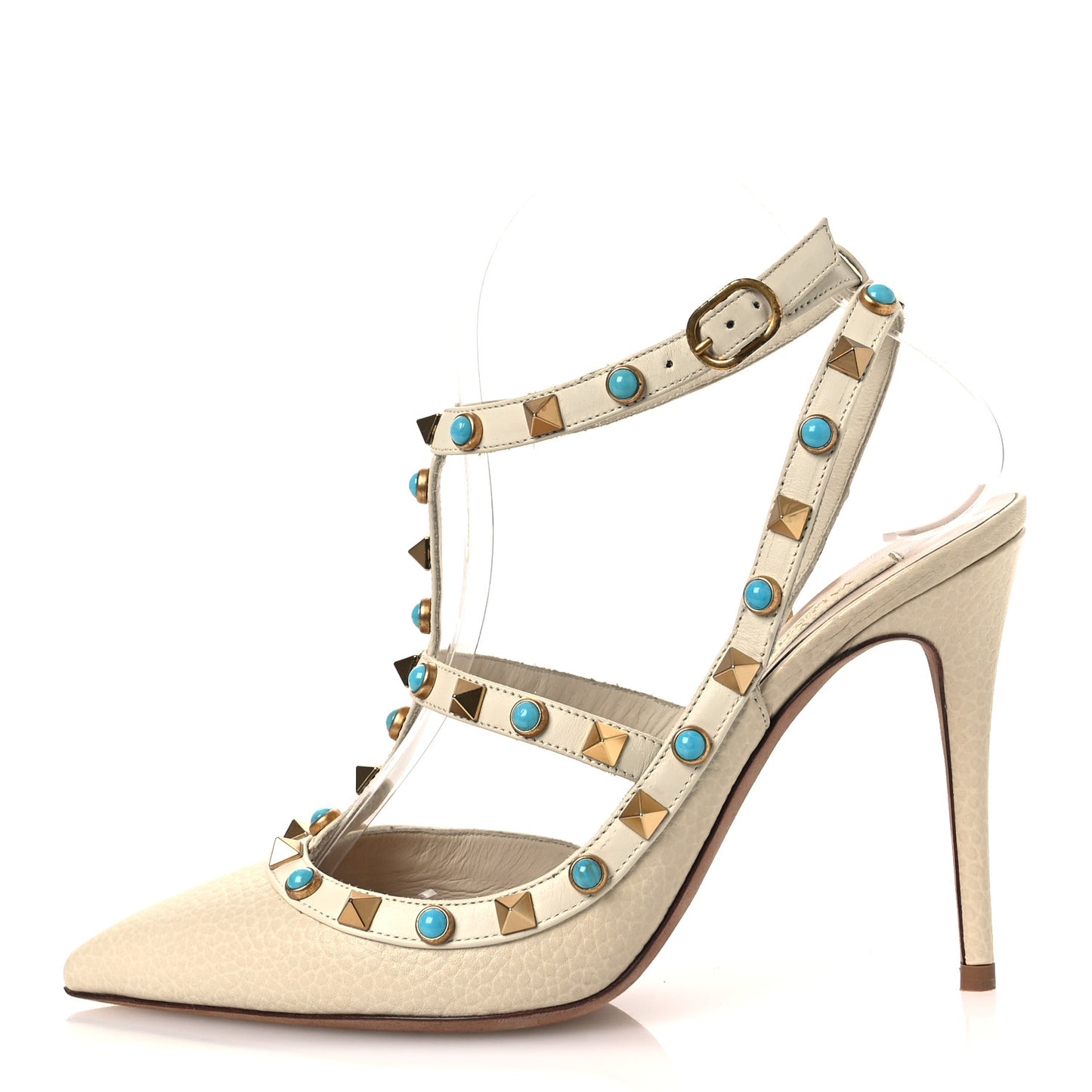 Pebbled Calfskin Turquoise Rockstud Rolling Ankle Strap 100mm Pumps 37.5 Ivory