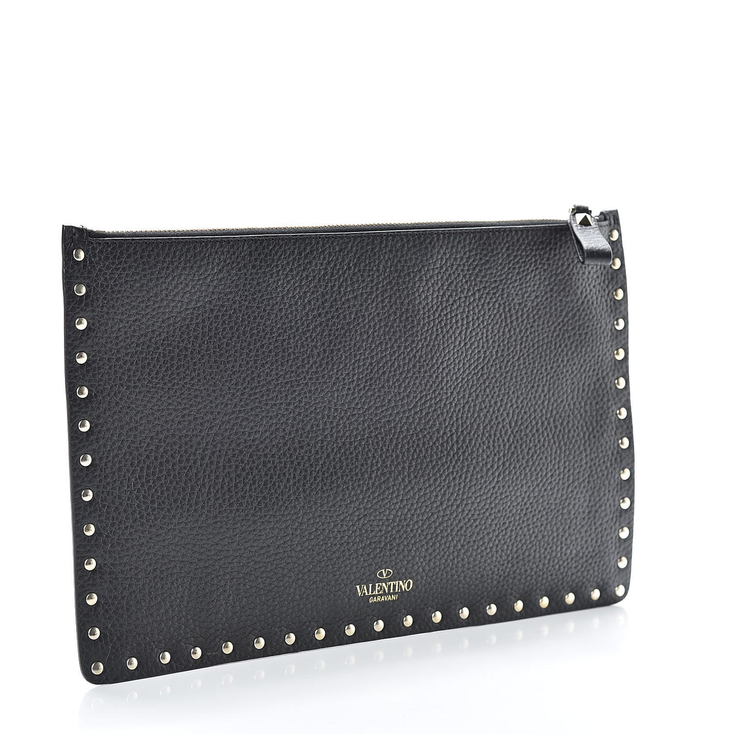 Pebbled Calfskin Large Rockstud Zip Pouch Black