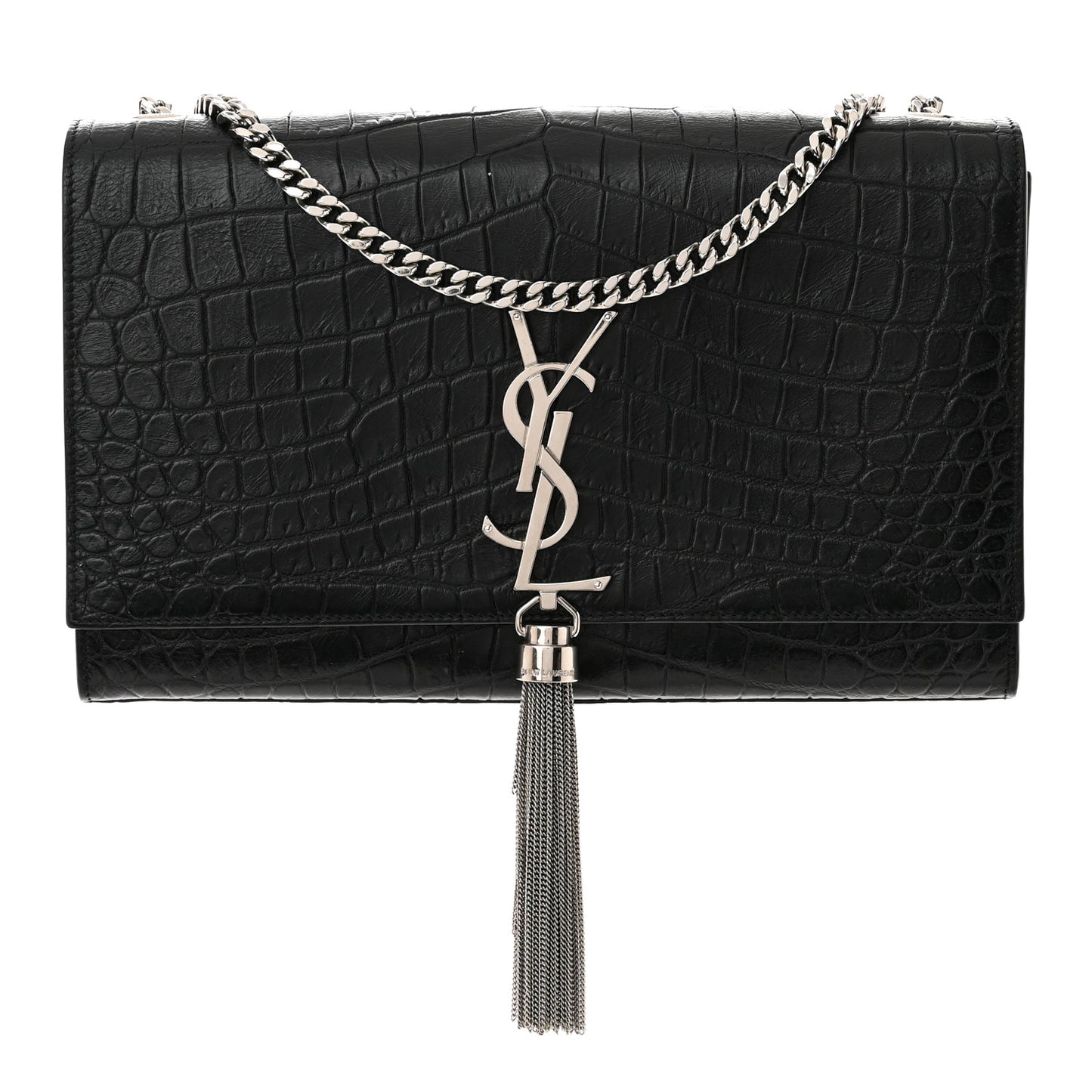 Calfskin Crocodile Embossed Medium Classic Monogram Kate Tassel Satchel Sunset Black