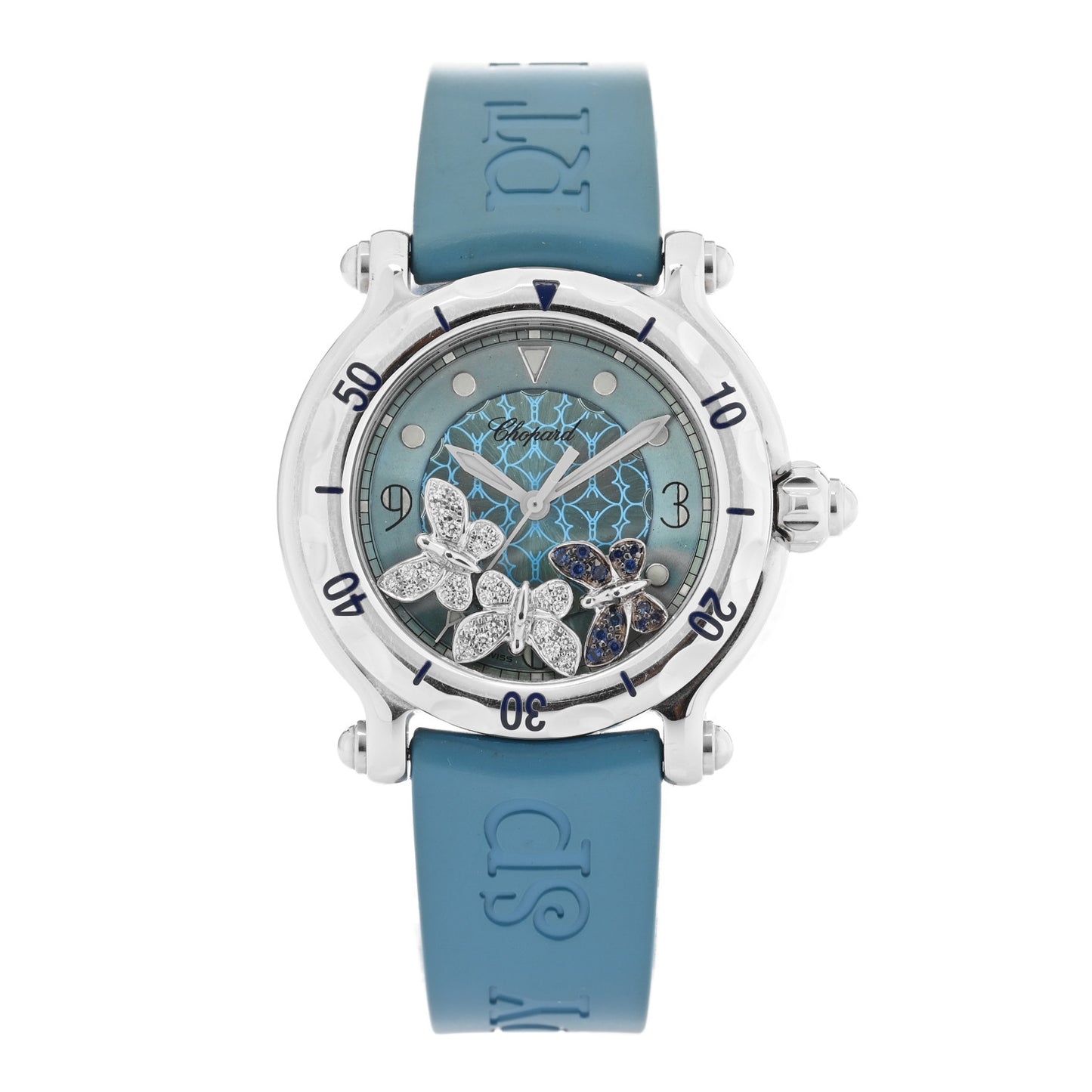 Stainless Steel Rubber Diamond Sapphire 38mm Happy Sport Butterfly Quartz Watch Blue