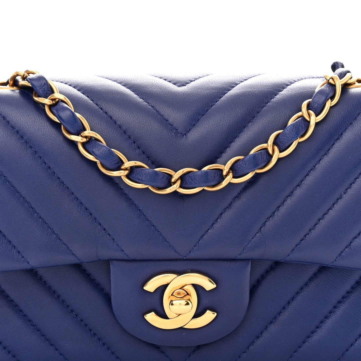 Lambskin Chevron Quilted Mini Rectangular Flap Dark Blue