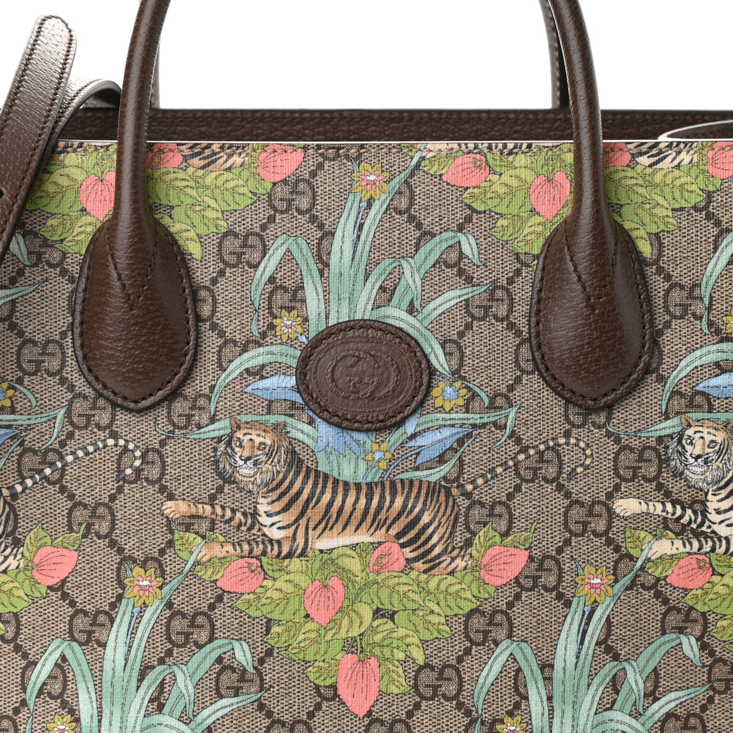 GG Supreme Monogram Tiger Savanah Textured Dollar Calfskin Small Retro Interlocking G Tote Bag Beige Ebony Multicolor New Acero