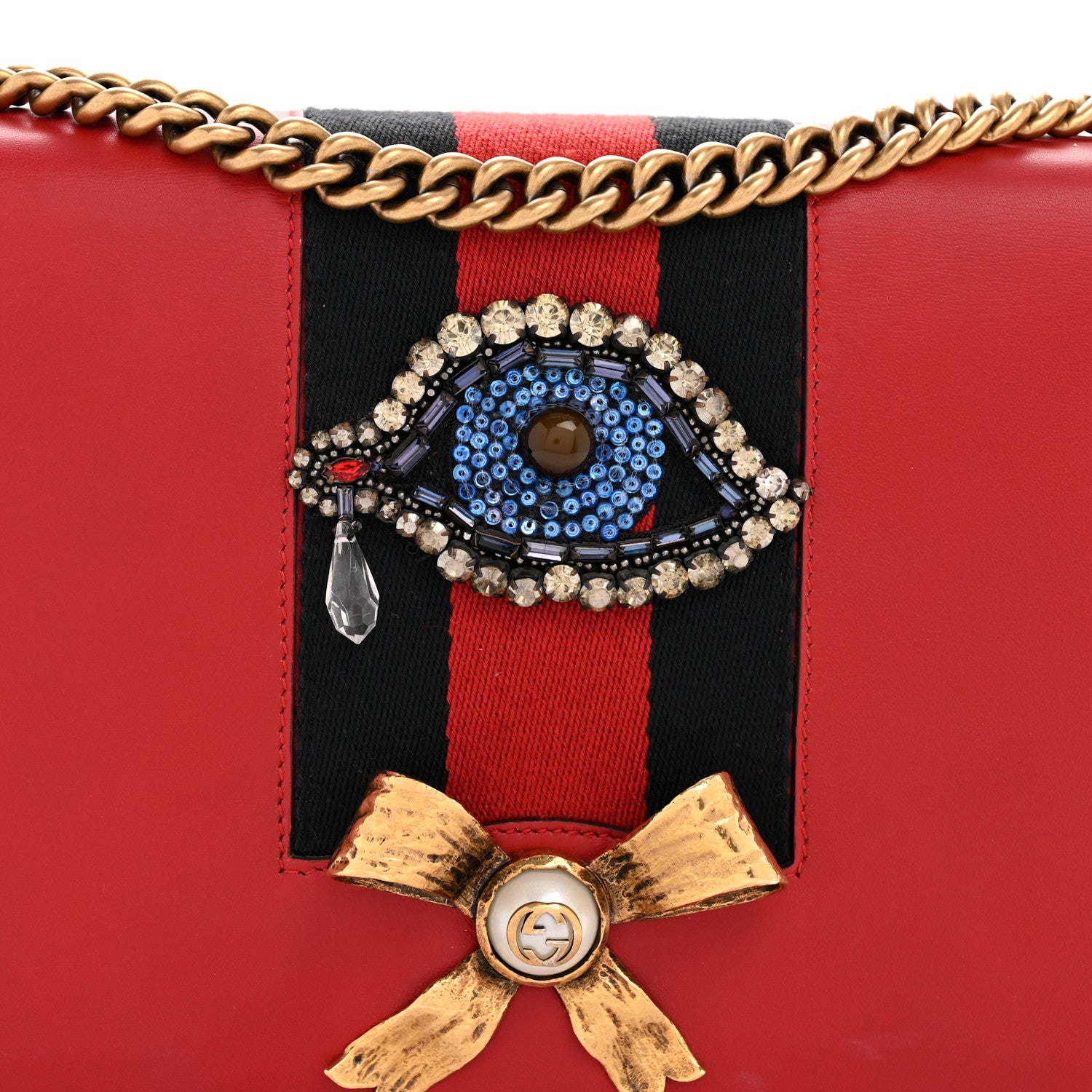 Gucci Calfskin Web Medium Peony Chain Shoulder Bag Red 8 of 13