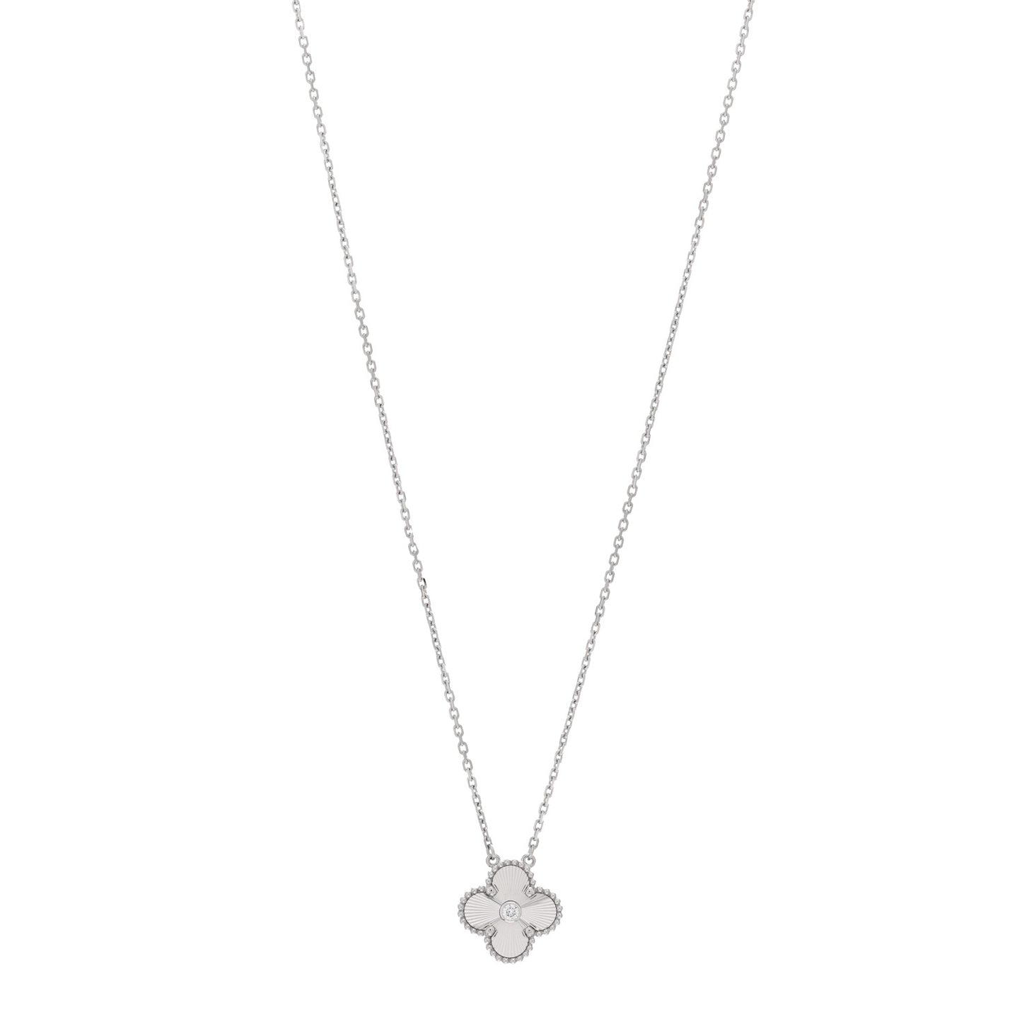 18K White Gold Diamond Guilloche Vintage Alhambra Pendant Necklace