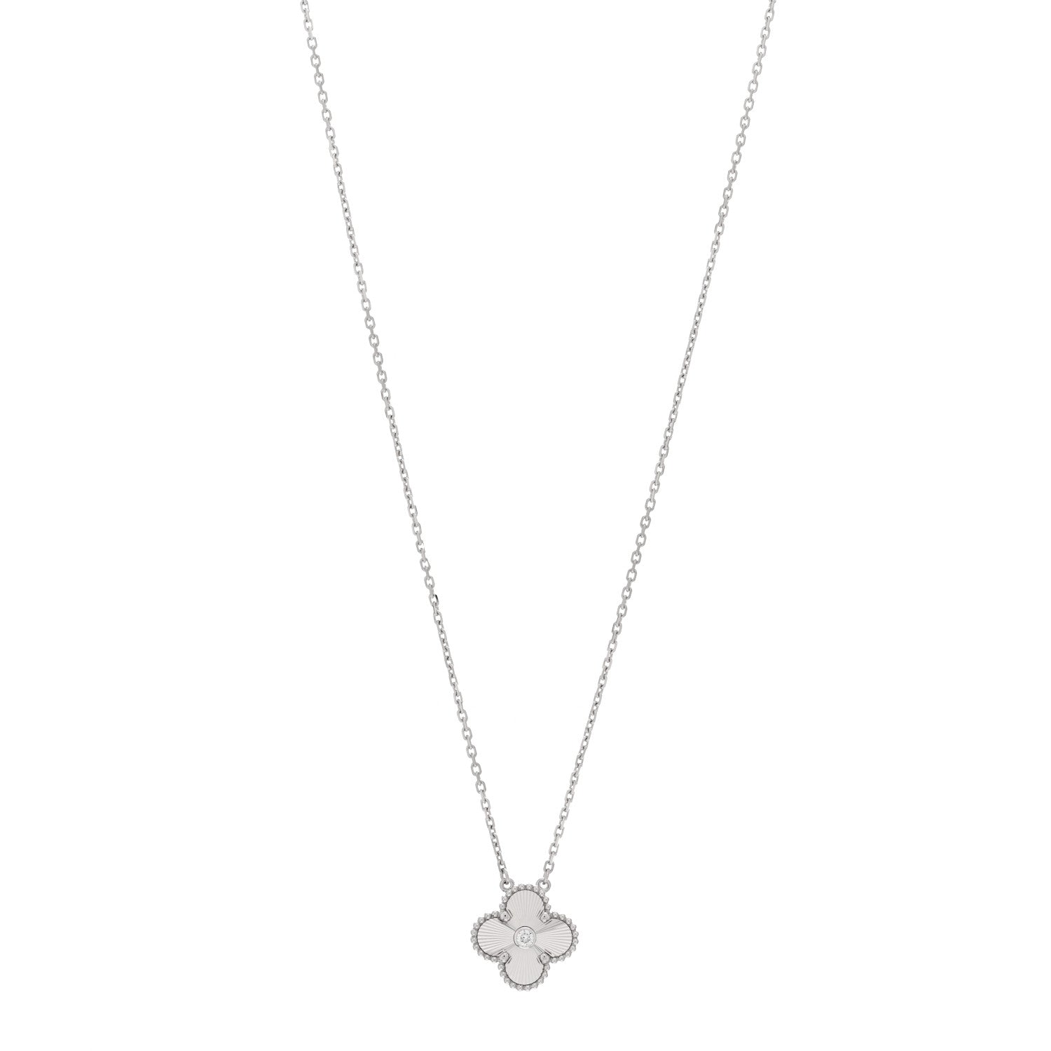 Van Cleef & Arpels 18K White Gold Diamond Guilloche Vintage Alhambra Pendant Necklace 1 of 6