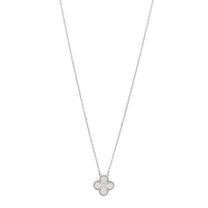 Van Cleef & Arpels 18K White Gold Diamond Guilloche Vintage Alhambra Pendant Necklace 1 of 6