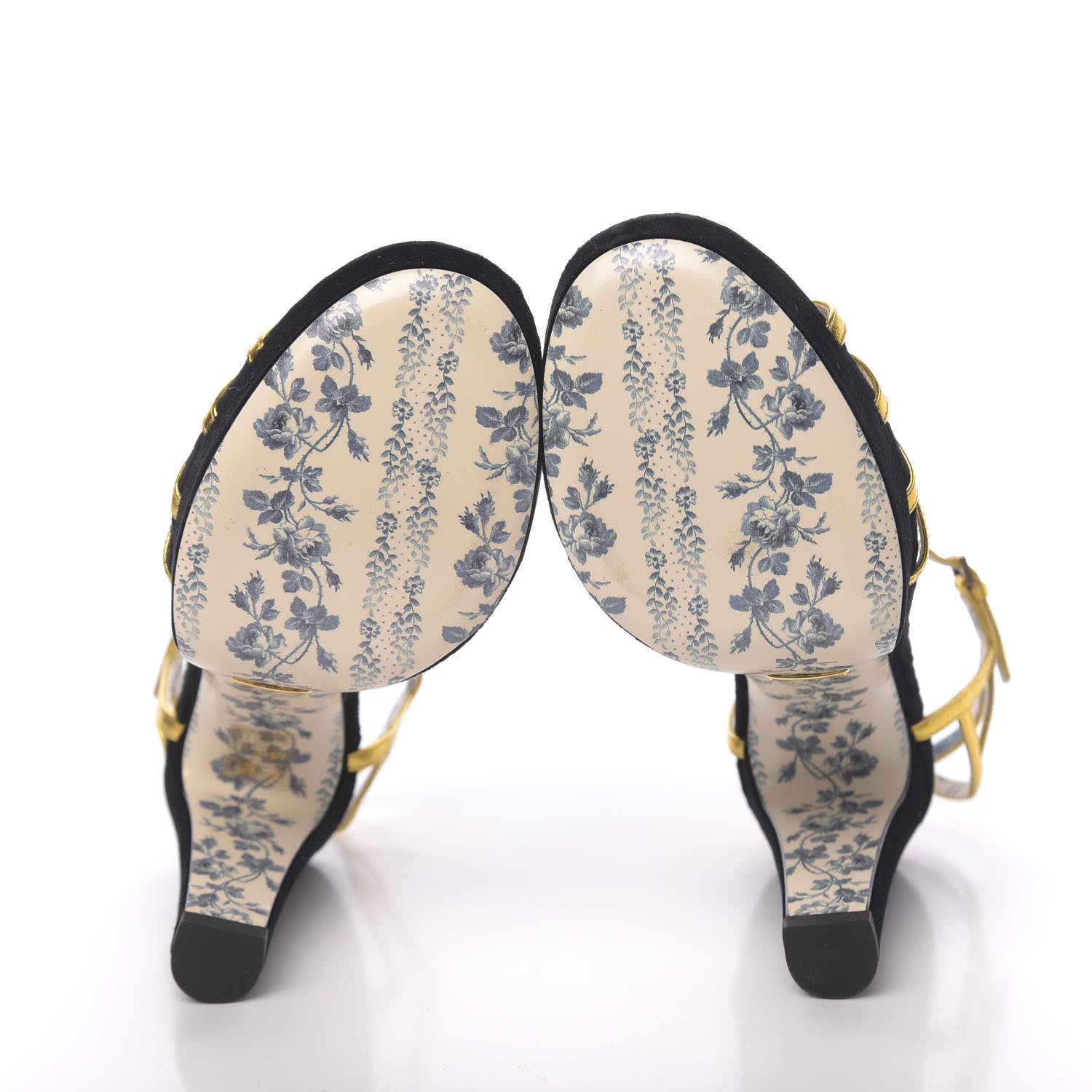 Gucci Velvet Nappa Elias T-Strap Platform High Heel Sandals 37 Black Gold 5 of 10