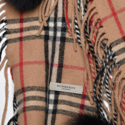 Burberry Cashmere Fox Fur Check Pom Pom Scarf 4 of 5