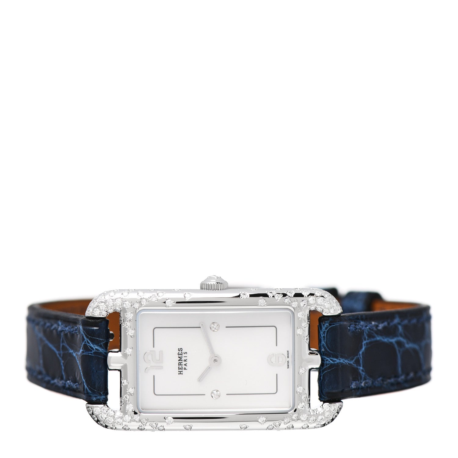 Hermes Stainless Steel Alligator Diamond Mother of Pearl 20mm Nantucket Quartz Watch Bleu Saphir 2 of 8