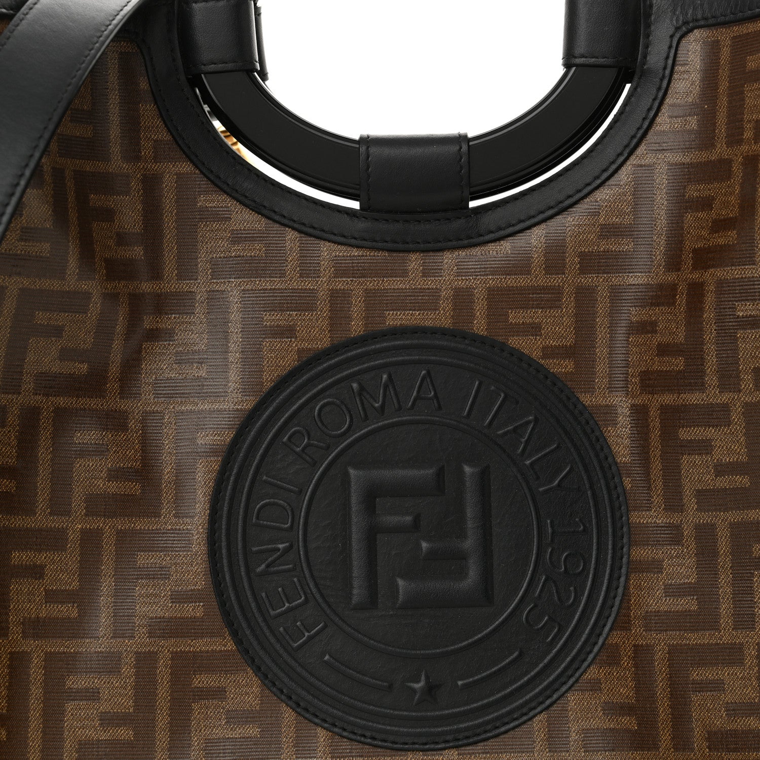 Fendi Glazed Fabric Vitello Century Plexiglass FF 1974 Stamp Patch Medium Runaway Shopper Tote Mogano Panna Black 8 of 15