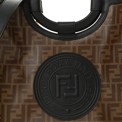 Fendi Glazed Fabric Vitello Century Plexiglass FF 1974 Stamp Patch Medium Runaway Shopper Tote Mogano Panna Black 8 of 15