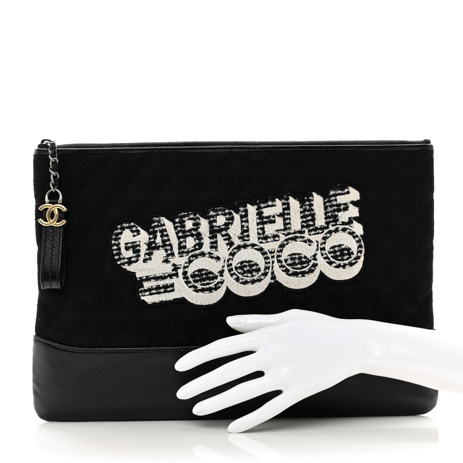 Chanel Wool Calfskin Quilted Gabrielle Pouch Clutch Black 2 of 7