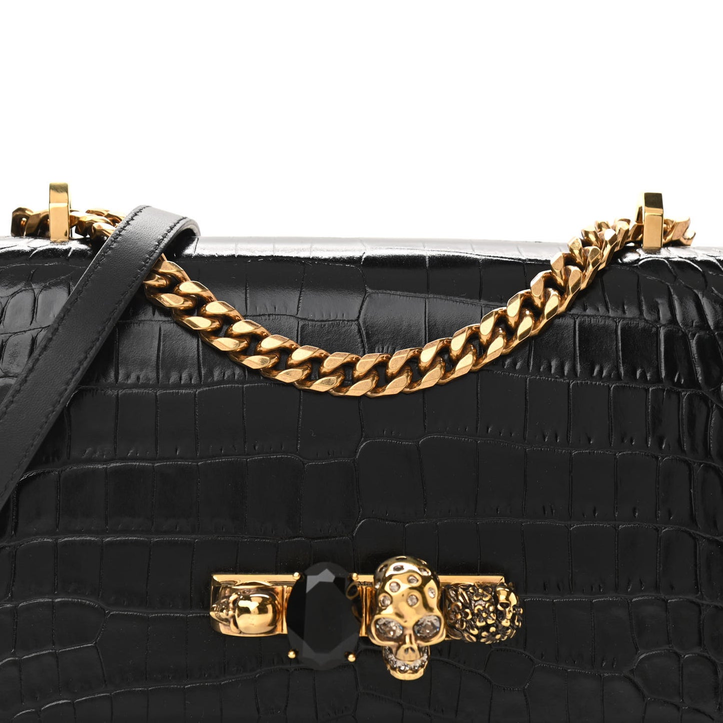 Shiny Crocodile Embossed Jeweled Satchel Black