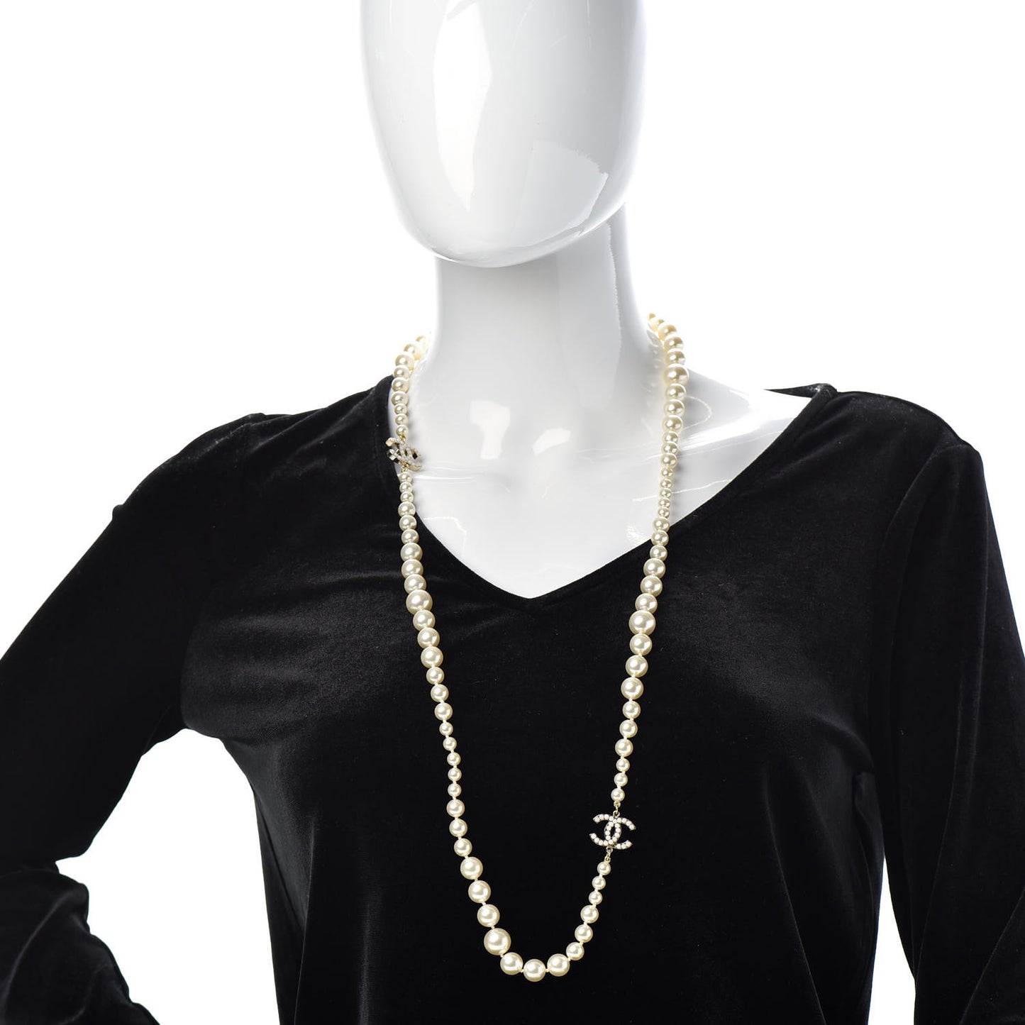 Graduated Pearl CC Long Necklace Light Gold