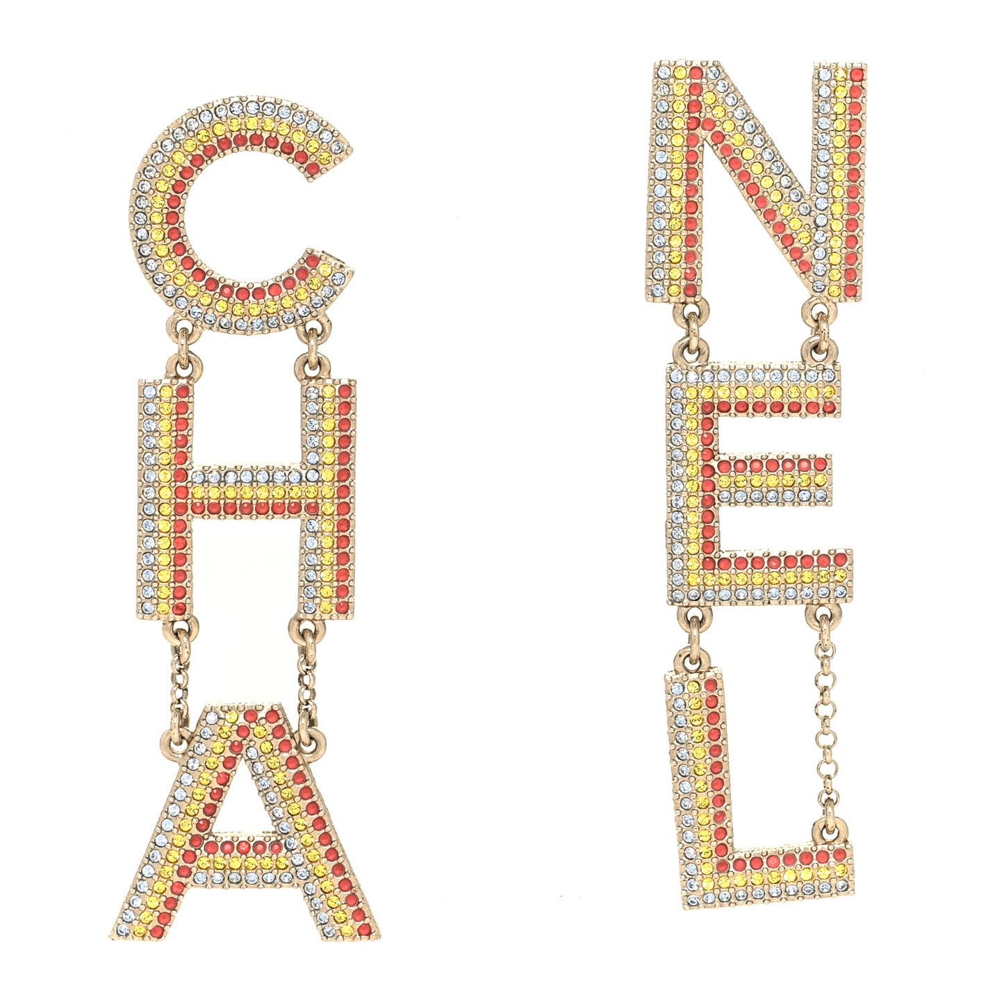 Metal Crystal Rainbow Cha-Nel Logo Drop Earrings Multicolor Gold