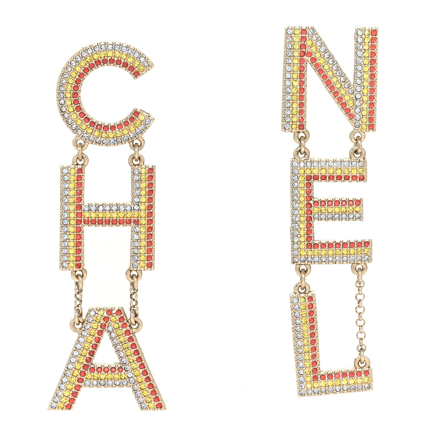 Chanel Metal Crystal Rainbow Cha-Nel Logo Drop Earrings Multicolor Gold 1 of 4