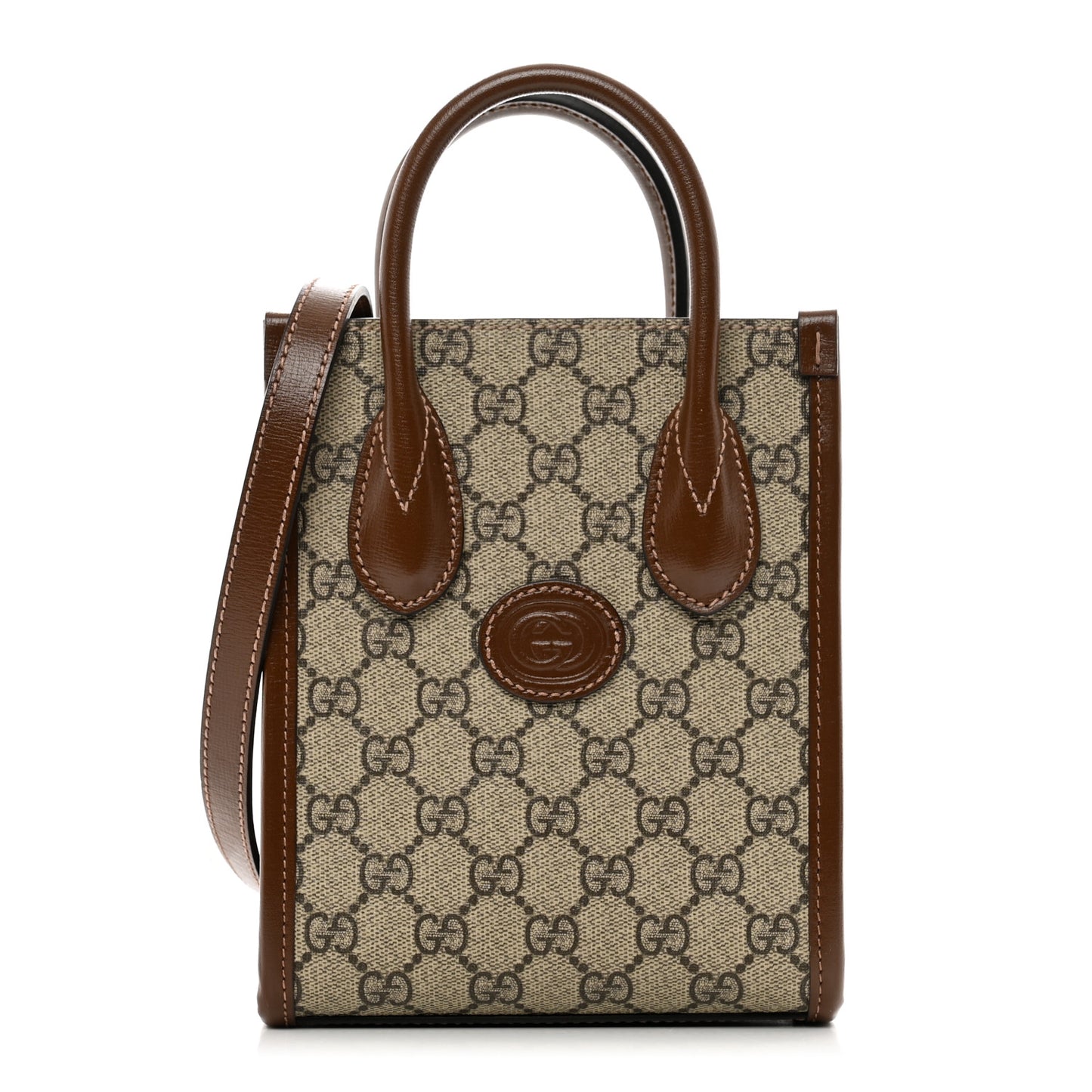 GG Supreme Monogram Azalea Calfskin Mini Retro Interlocking G Tote Bag Beige Ebony Brown Sugar
