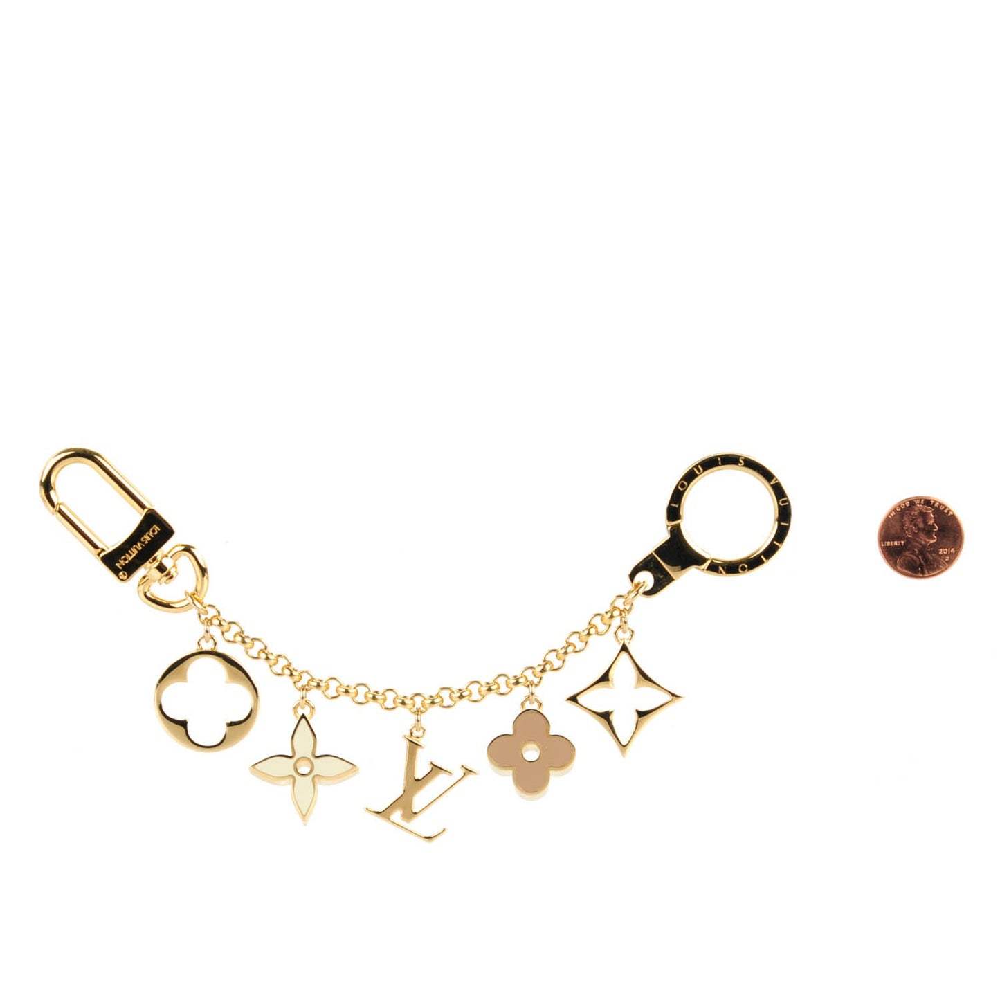 Brass Enamel Fleur De Monogram Bag Charm Chain Gold