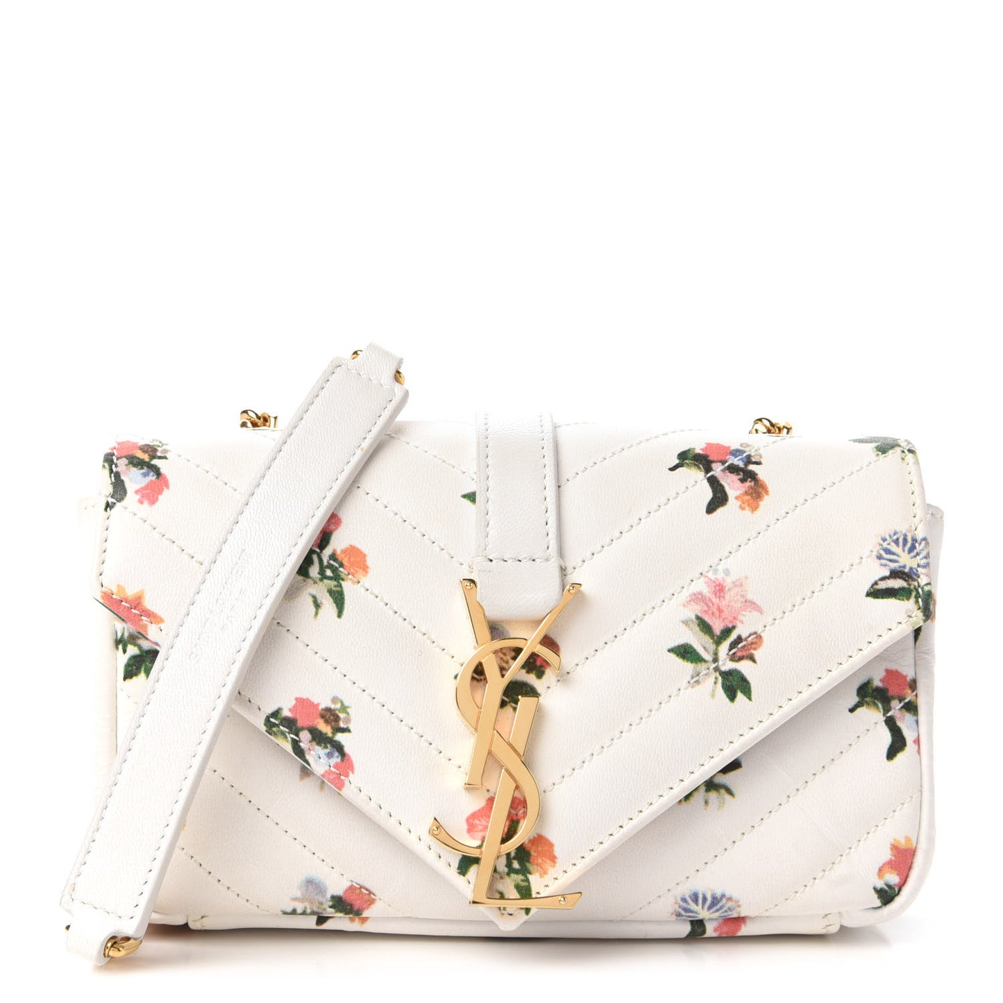 Calfskin Prairie Flower Printed Matelasse Monogram Baby Chain Bag White