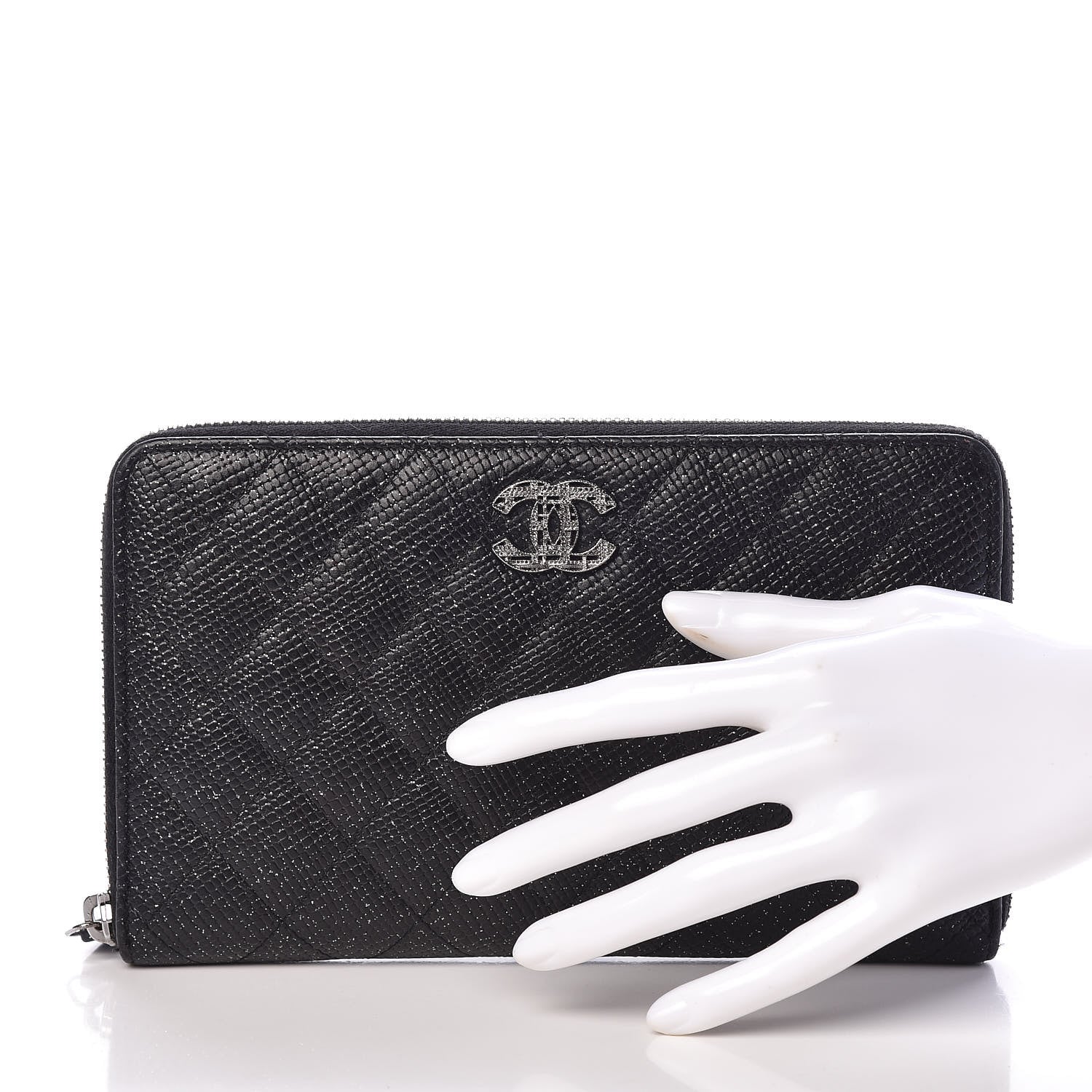 Chanel Glittered Calfskin Quilted Large Gusset Zip Wallet Black 2 of 8