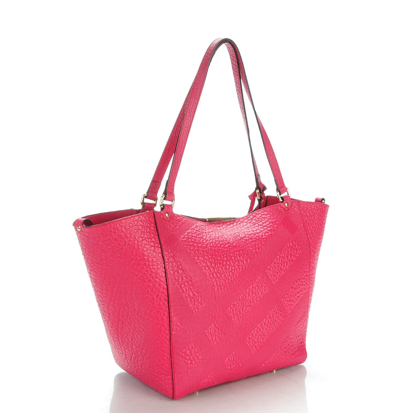 Signature Grain Calfskin Check Embossed Small Canterbury Tote Vibrant Fuchsia