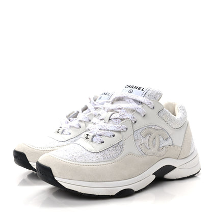 Chanel Painted Iridescent Cotton Tweed Suede Calfskin Womens CC Sneakers 38 White Silver Multicolor 3 of 11