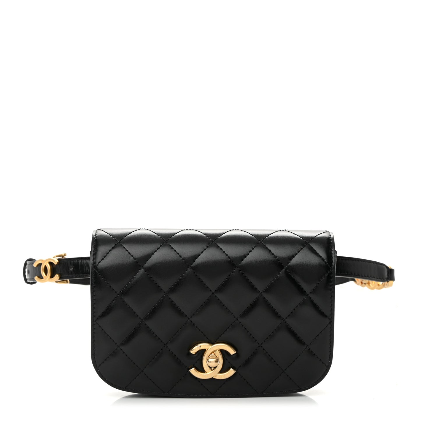 Shiny Calfskin Quilted Suede Goatskin Belt Bag Black