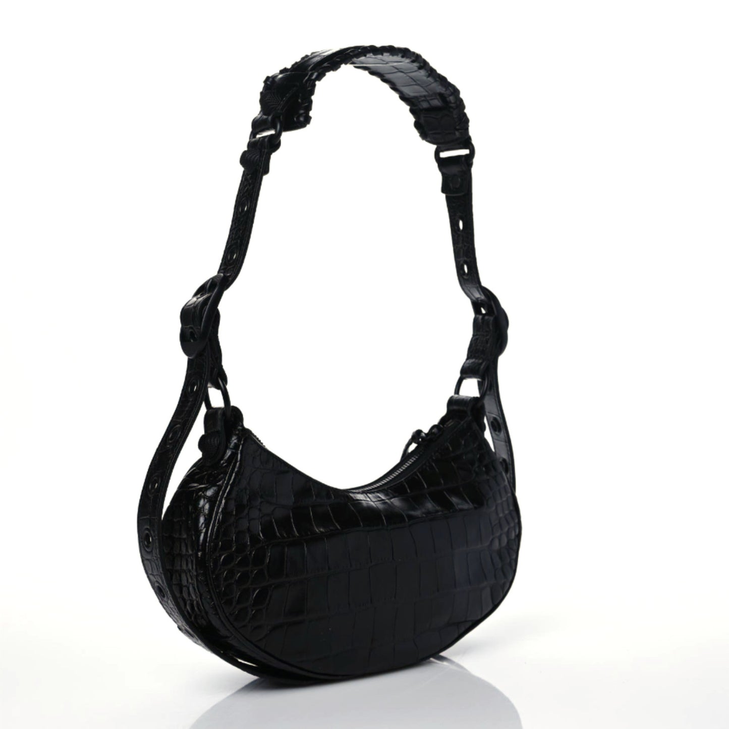 Extra Supple Calfskin Crocodile Embossed Monochrome Le Cagole Shoulder Bag XS Black