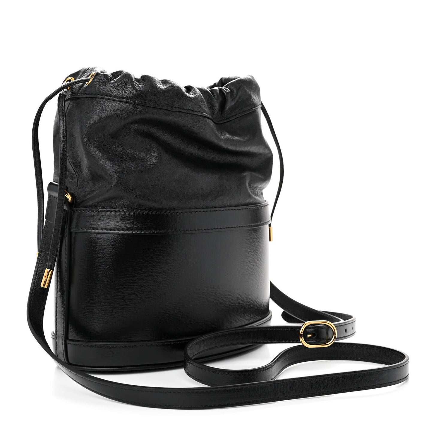Azalea Sakai Calfskin Horsebit 1955 Drawstring Bucket Bag Black
