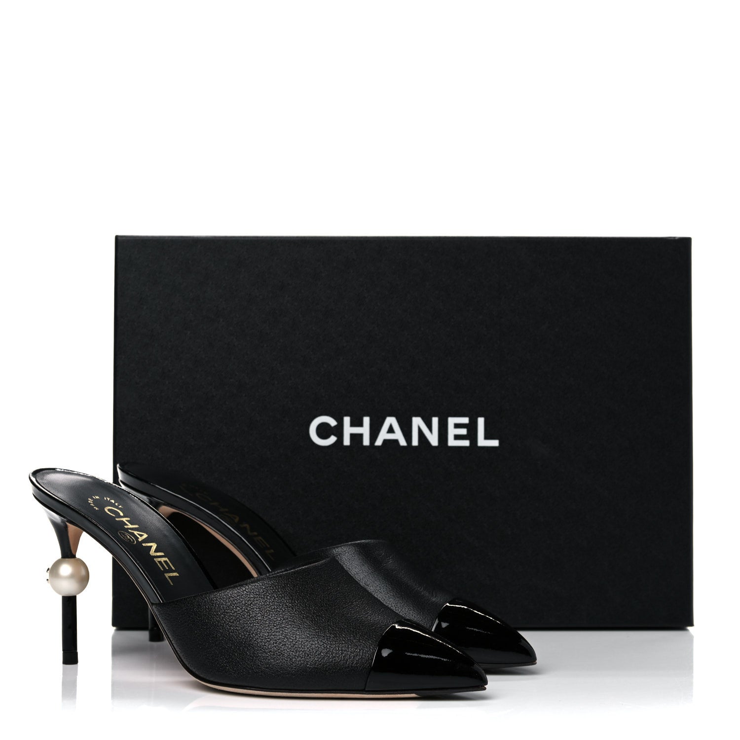 Chanel Goatskin Patent Cap Toe Pearl Mule 37 Black 13 of 13