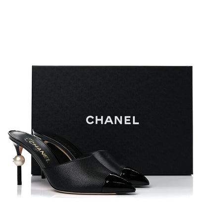 Chanel Goatskin Patent Cap Toe Pearl Mule 37 Black 13 of 13