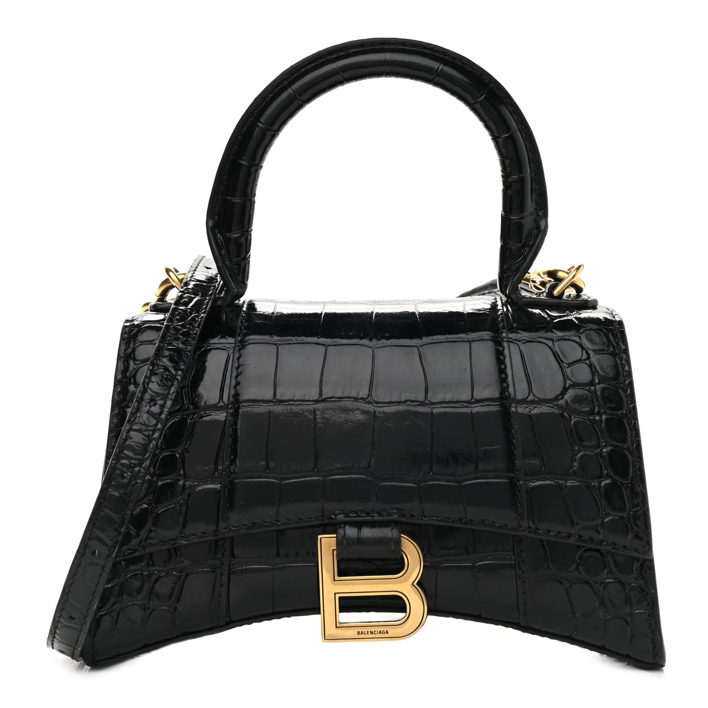 Shiny Calfskin Crocodile Embossed Hourglass Top Handle Bag XS Black