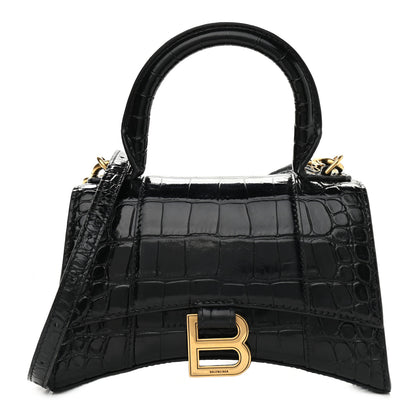 Balenciaga Shiny Calfskin Crocodile Embossed Hourglass Top Handle Bag XS Black 1 of 9