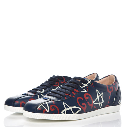 Gucci Calfskin GucciGhost Print Womens Low Top Sneakers 36 Blue Agata Hibiscus Red 3 of 10