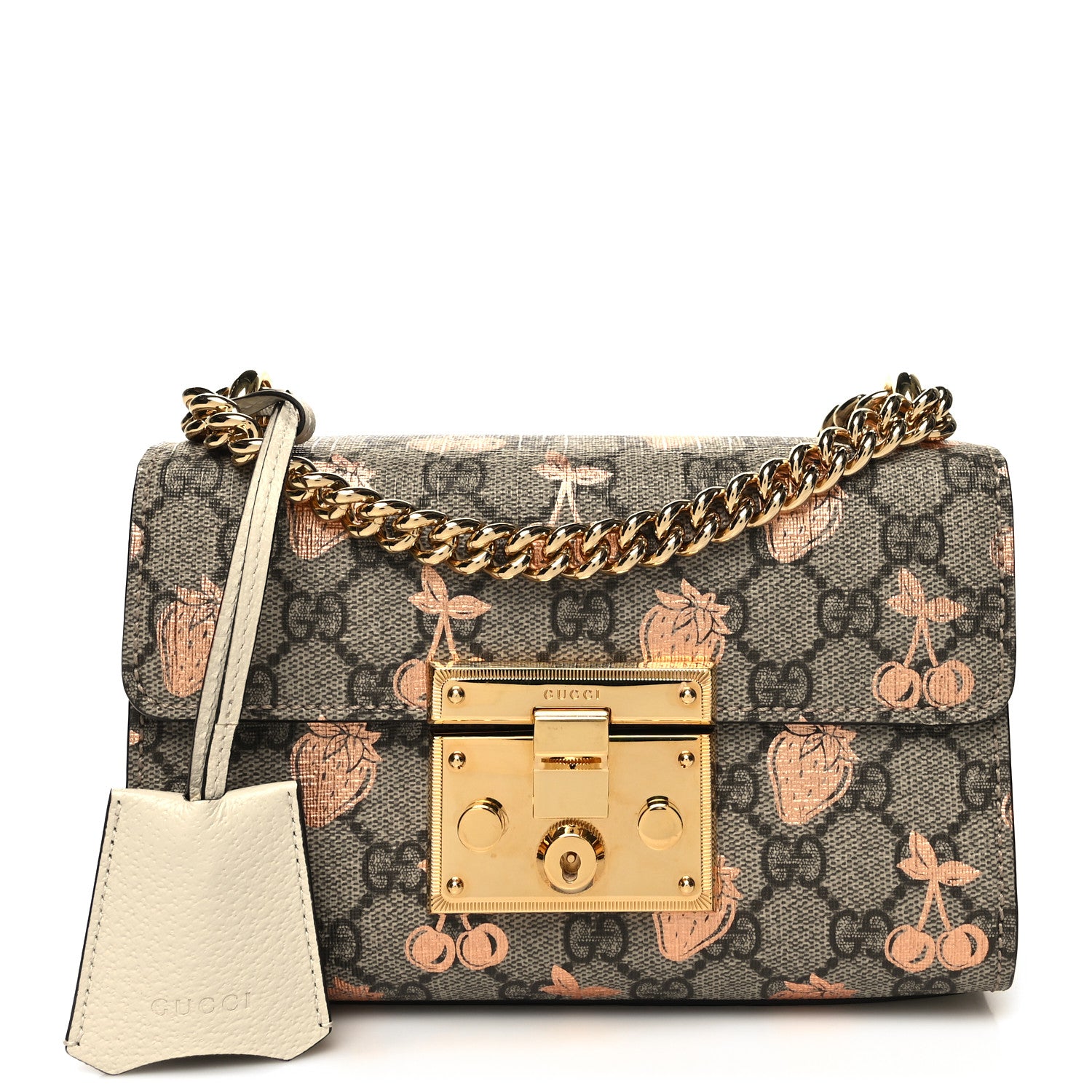 Gucci GG Supreme Monogram Berry Textured Dollar Calfskin Small Padlock Shoulder Bag Beige Ebony Light Copper Mystic White 1 of 11