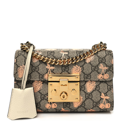 Gucci GG Supreme Monogram Berry Textured Dollar Calfskin Small Padlock Shoulder Bag Beige Ebony Light Copper Mystic White 1 of 11